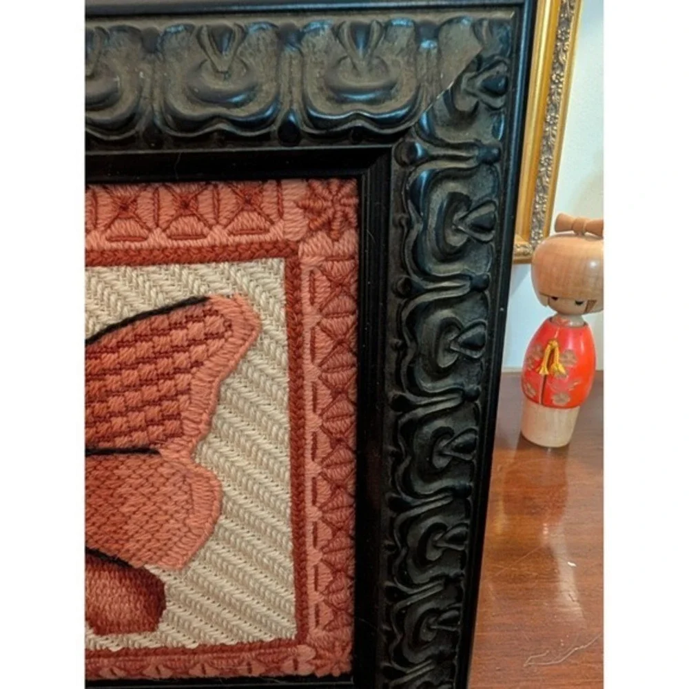 Vintage Handmade‎ Needlepoint Butterfly Framed Art Ornate Black Wood Frame Boho